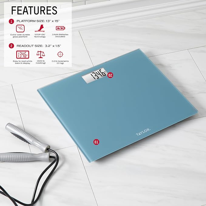 Taylor Digital Bathroom Scale for Body Weight, Extra-Wide 13x15 Slate Blue Glass Platform, Step-On Technology, Easy-Read Backlit Display, High Capacity, 5-Year Warranty