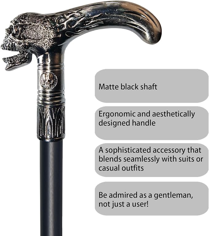 Walking Cane for Men & Women & Seniors - 36.5 Inch Heavy Duty 500+ lbs Capacity, Skull Ergonomic Handle, Decorative & Ornate Design, Gothic & Goth Elegant Black & Silver Artistry, Metal Cane