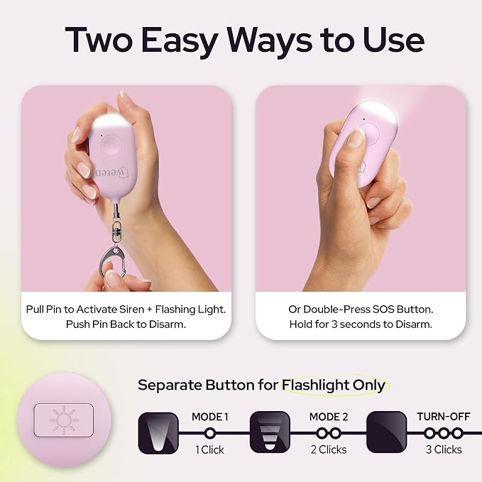 Weten Rechargeable Personal Alarm Keychain - 130dB Siren & LED Light - Stylish Personal Safety Alert for Women to Carry - Panic Button Alarm for Security - Rape Whistle for Self Defense (Pink)