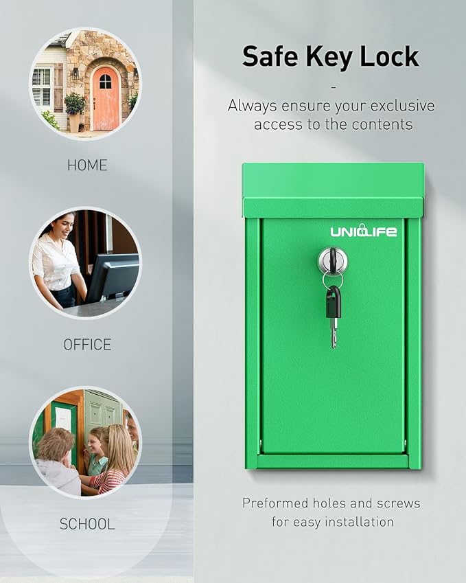 Uniclife Green Metal Donation Box, Wall Mounted Mailbox for Outside | Safe Suggestion Box with Key Lock, Steel Key Drop Box for Outside, Cash Box for Home Office and Business