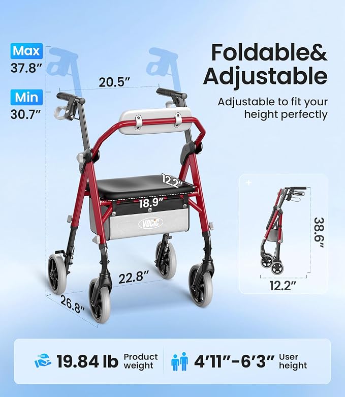 VOCIC Z11 Rollator Walker for Seniors with Seat, 380 LBS | Lightweight Design with Ergo Seat & Backrest, Height Adjustable & Easily Foldable for Seniors' Mobility, Blue