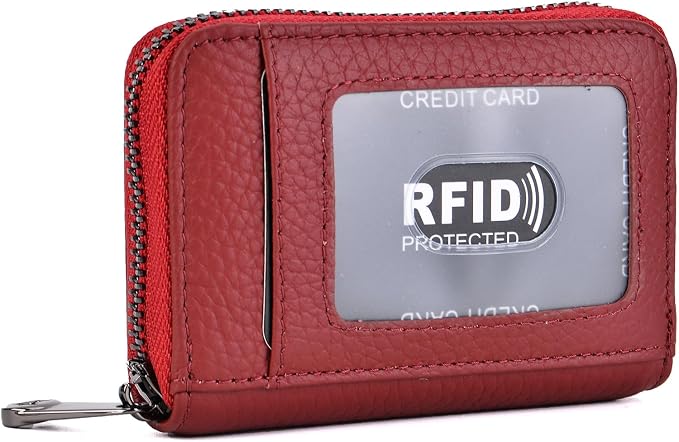 Genuine Leather Credit Card Wallet Accordion Zipper Rfid Credit Card Holder Small Coin Purse with ID Window (wine red)