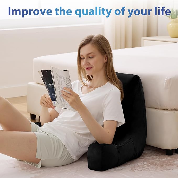 Reading Pillow with Arms for Adult, Back Pillow for Bed Sitting Up, Shredded Memory Foam Backrest Pillow with Pockets & Removable Washable Cover, Lounging, Watching TV, Reading(20" Black)