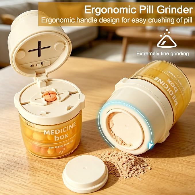 Portable Pill Cutter with Water Cup, 1/2 and 1/4 Tablet Splitter Pill Grinder Crusher Storage Box, ABS Stainless Steel Multifunctional Travel Medicine Organizer