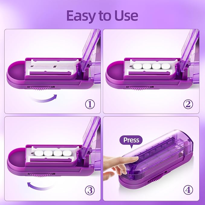DUBSTAR Pill Cutter Splitter for Small and Tiny Pills, Multiple Pill Cutters for Small or Large Pills, Adjustable Pill Splitter with Centering Device and Blade Guard for Multi Tablets (Purple)