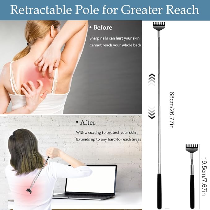 Yexixsr 3 Pack Back Scratcher Extendable Metal Back Scratcher for Men Women Adults, Telescoping Back Massager with Rubber Handles, Christmas Gift Stocking Stuffers