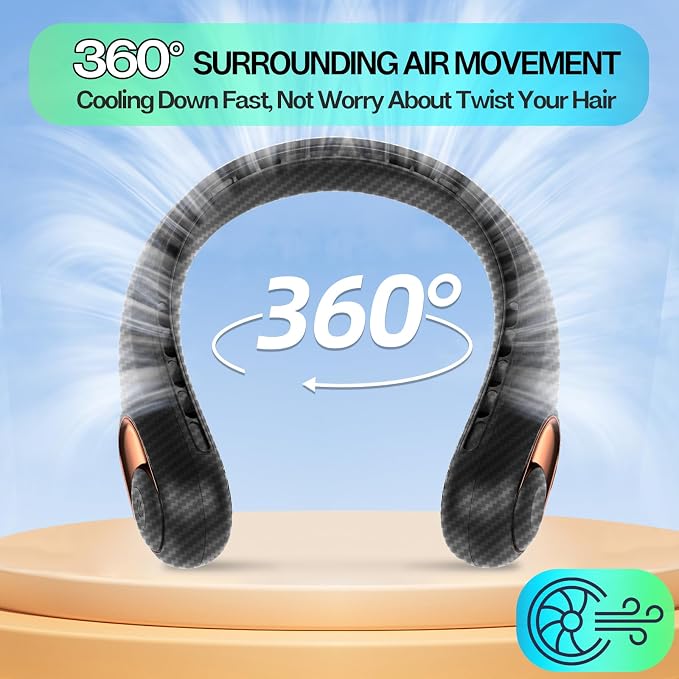 KIDEE Neck Fan Rechargeable, Portable Fan, Upgraded LED Display, 4000 mAh Battery Operated, 3 Speeds Adjustable Personal Wearable Fans for Women Men, Carbon Fiber Black