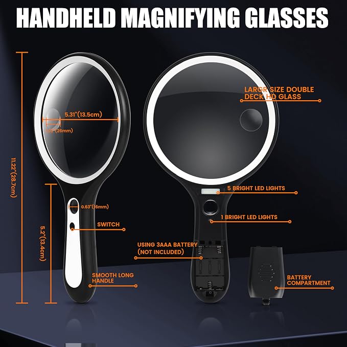 Magnifying Glass with Light for Reading: 5.31” Large Handheld Magnifier Lighted Glasses with 6 LED for Page Book, Small Prints, Coins, Jewelry, Best Lens Gifts for Seniors, Low Vision Elderly