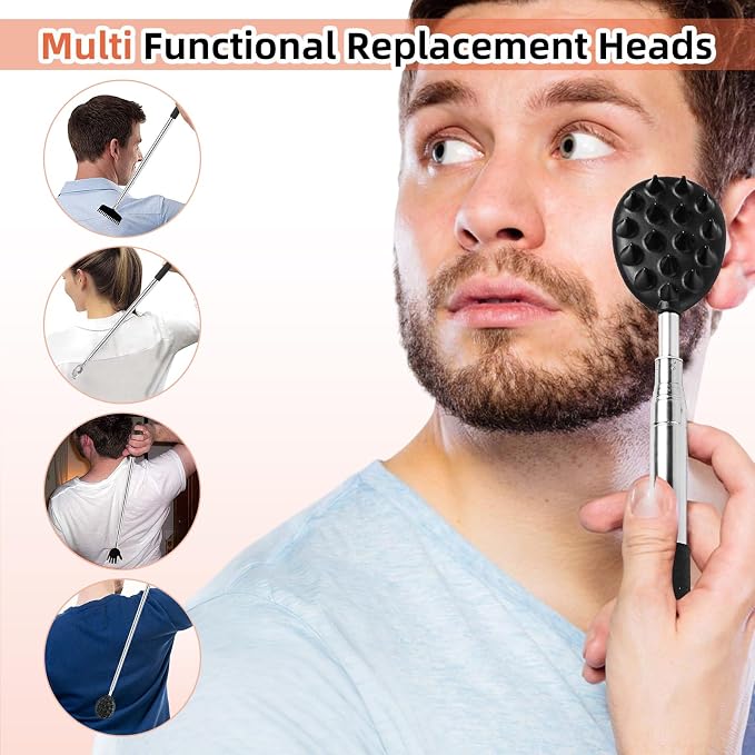 WOVTE 4 in 1 Telescoping Back Scratcher and Wooden Scalp Massager Kit | Replaceable Massage Head, 12-finger Head Massager, Ideal Stocking Stuffers, Exquisite Gifts Box, Perfect Gifts for Men Women