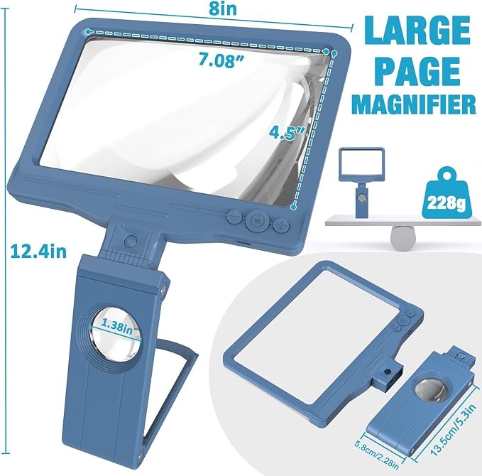30X 6X Rechargeable Magnifying Glass for Reading, Large Full Page Magnifier with Folding Stand, 3 Color Light Modes, Dimmable LED Lighted, Hands Free Book Magnifier for Low Vision Seniors, Blue