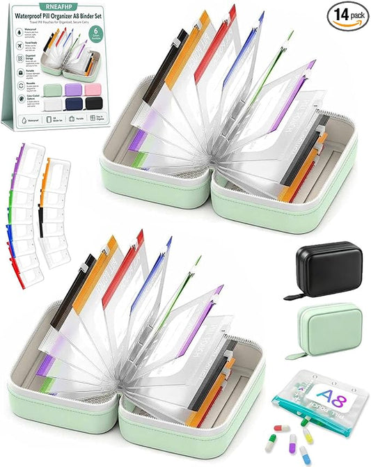 Waterproof Pill Organizer A8 Binder Set Pill Pouches for Travel 14PCS Bags Inside Large Zippered Pouch Bpa-Free Weekly Medicine Air Tight Pocket Color-Coded Reusable Travel Storage System
