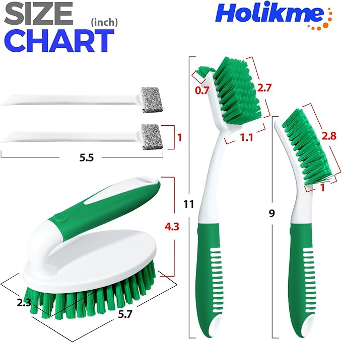 Holikme 5 Pack Cleaning Brush Scrub Brush Kitchen Brush for Floor,Green | Cleaning Brush Set for Household Use, Scrub Brush, Kitchen Brush, Tile Lines Brush for Bathroom, Floor, Tub, Shower