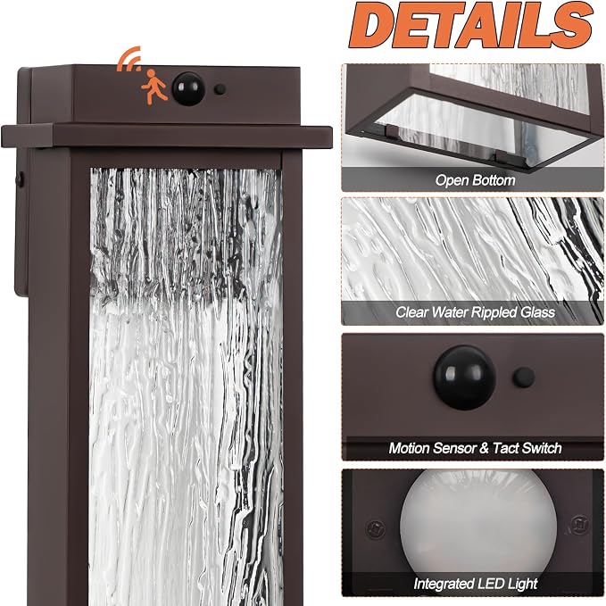 VenzBlomia 16” Oil Rubbed Bronze Motion Sensor Outdoor Sconce Lights 2 Pack | Brown Dusk to Dawn Porch Light Fixtures Waterproof, Modern Outdoor Wall Lights for House Garage Patio, Water Rippled Glass