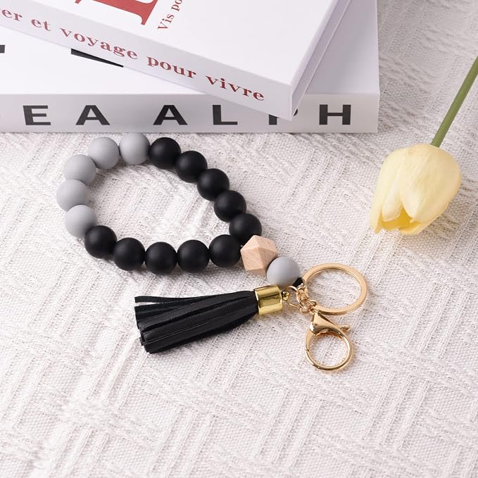 BAOSIWA Silicone Key Ring Bracelet Wristlet Keychain Unique Beaded Bangle Key Chains for Women with Leather Tassel
