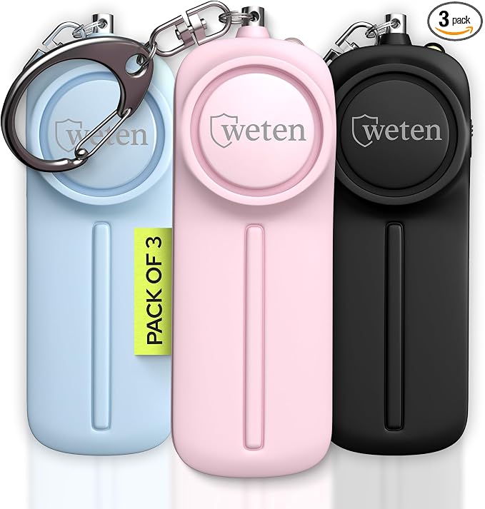 Personal Safety Alarm Keychain for Women 130dB, 3 Pack, Black Pink Blue | LED Light, Panic Pin, Self-Defense Siren Device, Emergency Whistle Alternative for College, Travel, and Night Walk