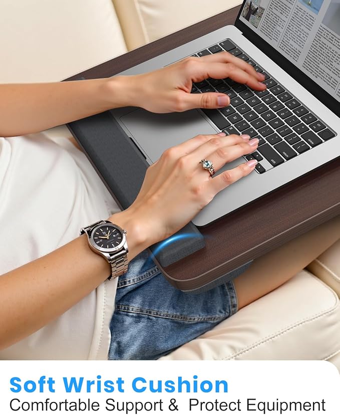 HETTHI Portable Lap Desk, Laptop Stand for Bed with Soft Wrist Rest, Tablet/Phone Slot, Fabric Handle, Laptop Bed Table with Cushion (Dark Brown)