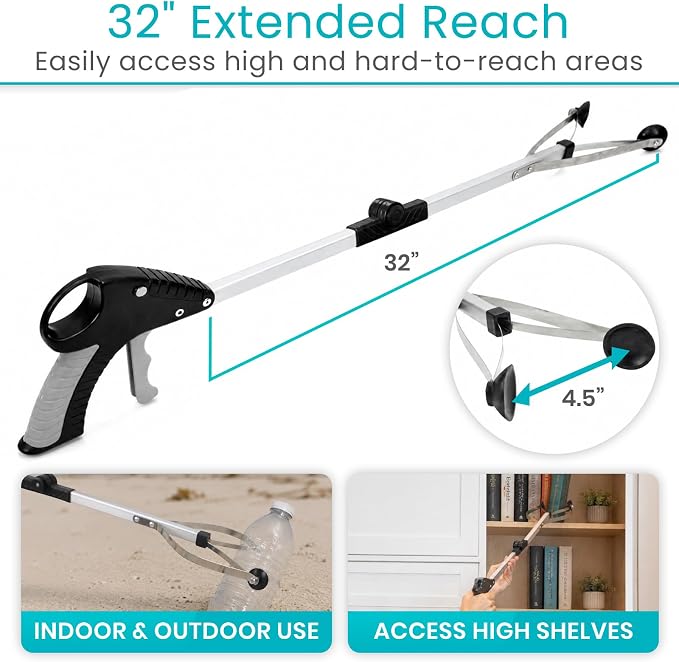 Vive Foldable Suction Reacher Grabber Tool for Elderly (1) - 32 Inches Long Reach Grabber Claw - Pick Up Grab Tool - Reachers for Disabled & Seniors Heavy Duty - Trash, Garbage, Cups Picker Assist | Reach Grabber Claw - Pick Up Grab Tool - Reachers for...