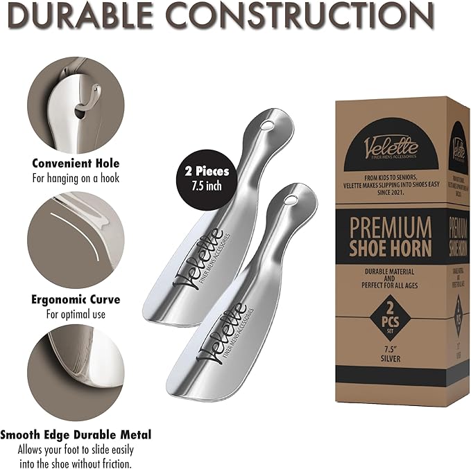 Velette Metal Shoehorn - 2 Pack 7.5" Long Shoe Horn, Travel Shoe Horn for Kids, Men & Women - Shoes Helper, Spoon, Travel Size Shoehorn for Boots, Shoes, Sneakers, Heels and More