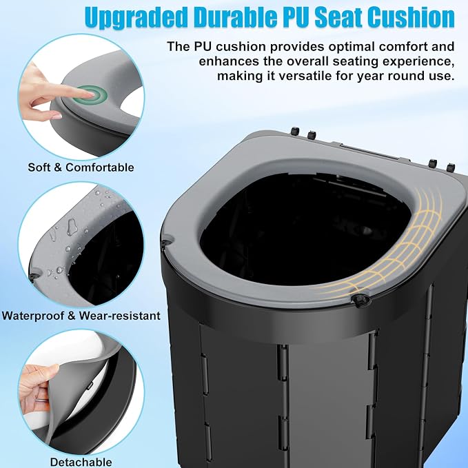 Portable Camping Toilet, Foldable Toilet for Adults with Detachable Phone Shelf and Toilet Paper Holder, Waterproof Porta Potty with Lid for Camping, Hiking, RV Travel, Road Trips