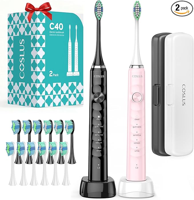 COSLUS Sonic Electric Toothbrush for Adults: 47000 VPM for Deep Cleaning & Whitening with Travel Case - 5 Modes for Sensitive Teeth & Braces, Wireless Charging, 6 Brush Heads, Black & Pink (2PCS)