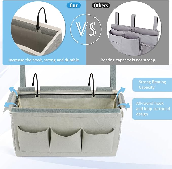 Bedside Caddy Bedside Storage Bag for Headboards/Bunk Bed | Hanging Bed Caddy with Hooks fits Bunk bed Hospital Beds Dorm Bed Rails, Essentials for Phones, Books, Remotes, Water Bottles