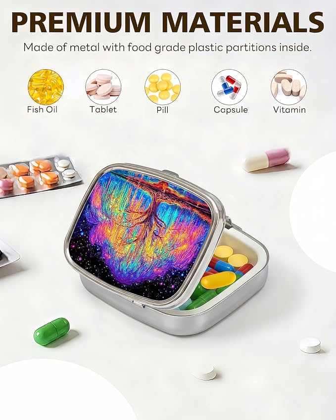 LRITER Pill Case, 2 Compartment Portable Small Travel Pill Organizer for Purse and Pocket, Stylish Medicine Case with Multiple Patterns, Daily Pillbox for Home & Travel (Dream Tree)