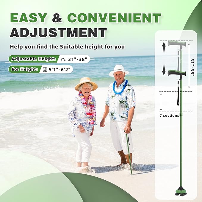 BeneCane Walking Cane for Men & Women Walking Stick for Seniors Folding Canes Quad Cane Adjustable Lightweight Sturdy Collapsible Heavy Duty with Soft TPR T-Handle and Travel Bag