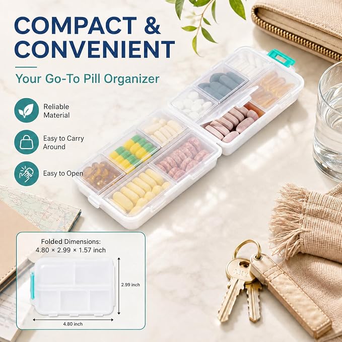 Extra Large Pill Organizer with 161 Medicine Labels, Travel Pill Case | White Extra large case with 10 compartments for 7-day pill planning, vitamins, supplements, and travel