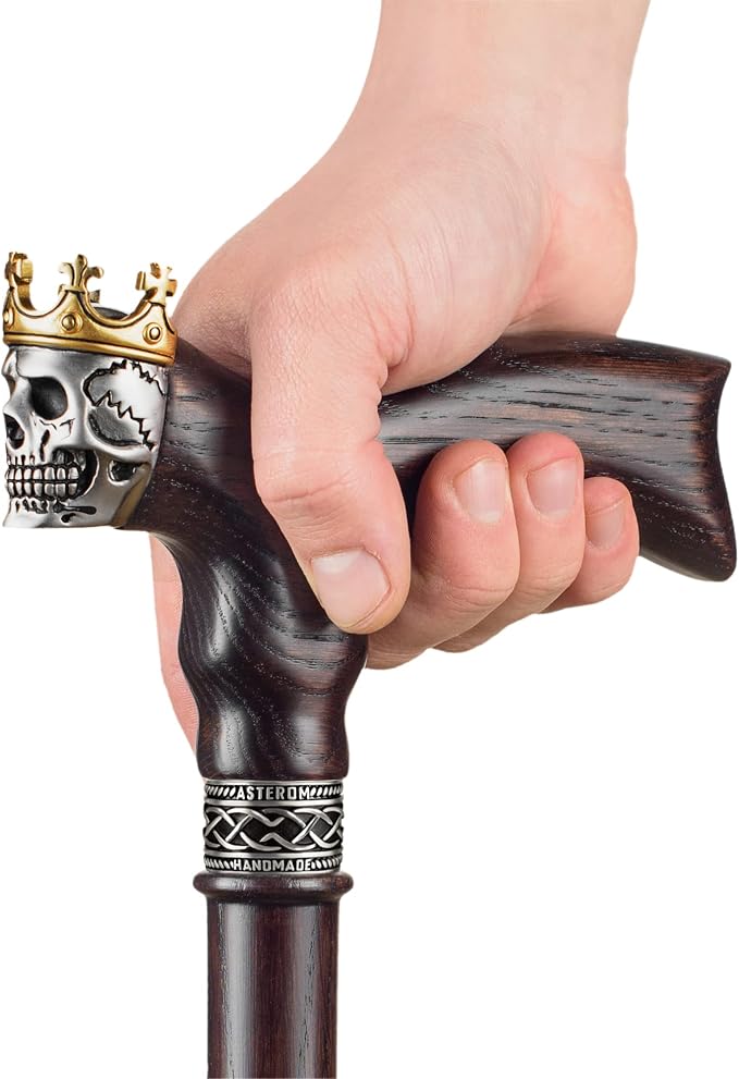Asterom Handmade Wood Walking Cane for Men - Skull King - Cool Men's Wooden Canes Fashionable Walking Stick