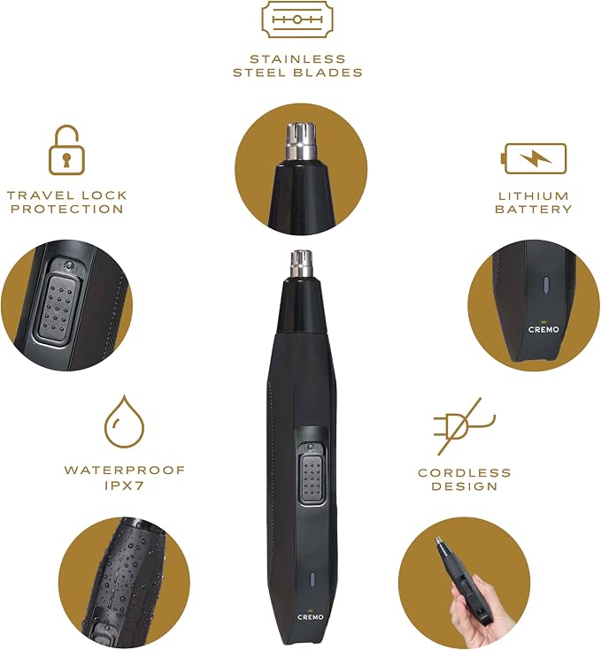 Cremo Nose & Ear Hair Trimmer for Men, USB-C Cordless Eyebrow Trimmer | Rotary stainless steel blades for nose, ear & eyebrow detailing. IPX5 wet/dry, USB-C rechargeable. For men & women.