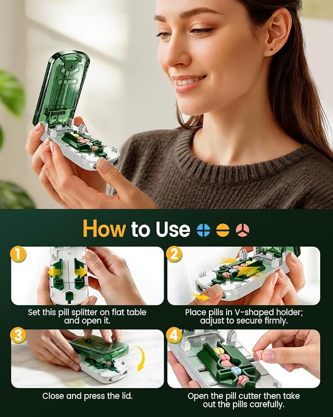 Professional Pill Cutter for Small Pills, 3-in-1 Pill Cutter Splitter for Small or Large Pills-Safely Cuts 1/2, 1/3, and 1/4 Multiple Pills Splitter, Adjustable Pill Cutter (Green White)