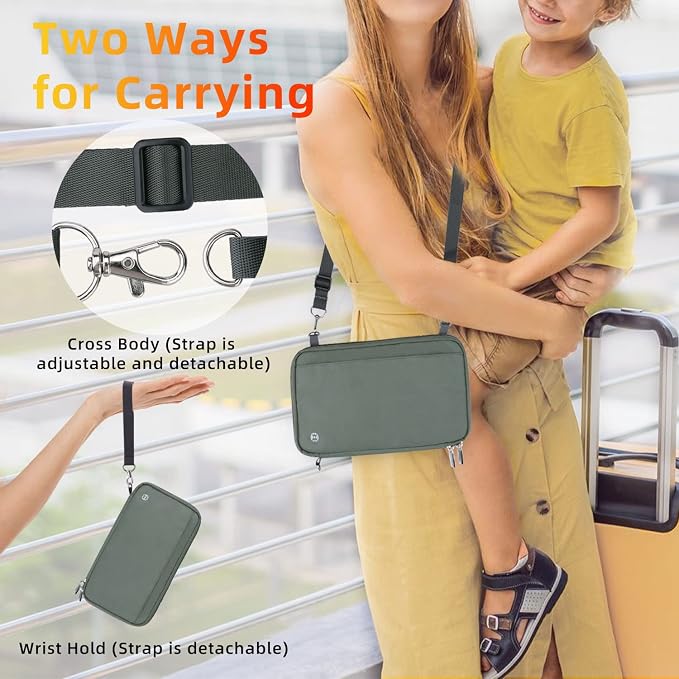 WALNEW Passport Holder for Travel Family, RFID Blocking Passport Wallet | International Travel Essentials, Travel Document Holder with Wristlet and Cross Body Straps, Fits 7 Passports for Family