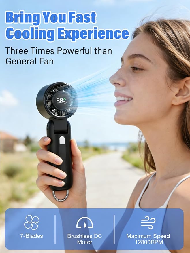 AI Handheld Fan Turbo, 100-Speed Portable Fan Rechargeable, Mini Fan with 12800 RPM Strong Airflow, Foldable 4-in-1 Personal Fan for Travel, Camping, Beach & Office, USB-C & Lightweight & Quiet