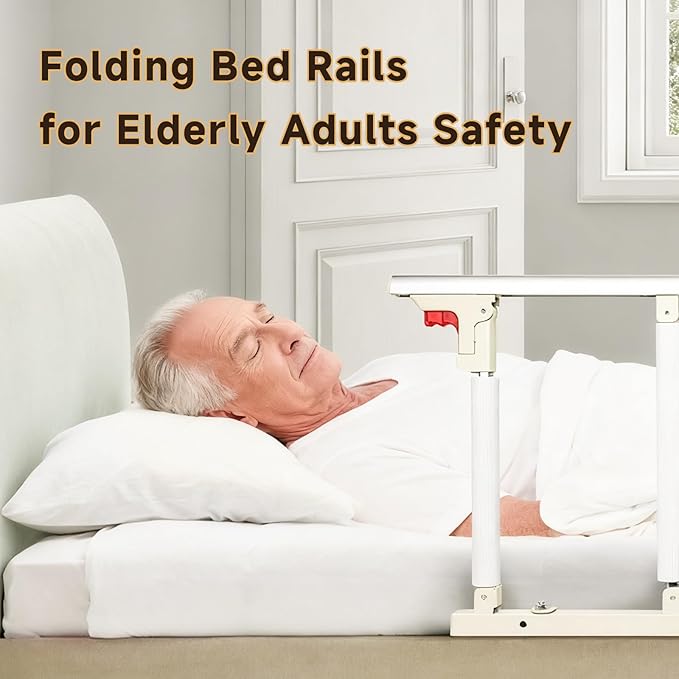 Bed Assist Rail for Elderly, Folding Bed Rail with Safety Straps & Sponge Handle. Tool-Free Installation for Seniors Safety on Platform, Slatted, Metal Beds.