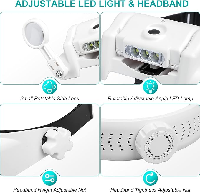 Headband Magnifier Glasses, Lpluziyyds 1X to 14X Rechargeable Head Magnifier with LED Light, Handsfree Head Mount Magnifying Glass with 6 Detachable Lens for Close Work Reading Jewelry Crafts Repair