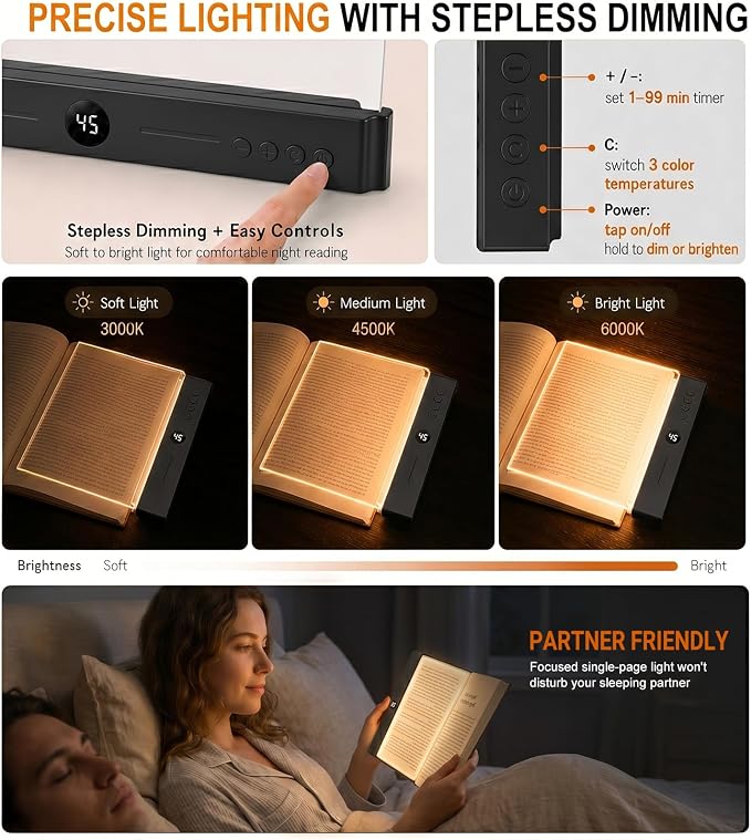 30 LED Book Light for Reading at Night in Bed, Rechargeable Book Page Light, 3 Color Temperatures, Stepless Dimming, 1-99 Min Timer, 2-in-1 Reading Light Light & Night Light, Gift for Readers Black