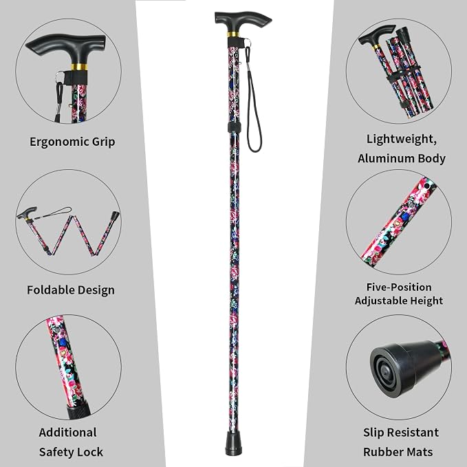 Folding Canes for Men and Women, Floral | 5-Level Adjustable Height, Lightweight Collapsible, Aluminum, Wrist Strap, T Handle, Walking Sticks for Seniors Adults