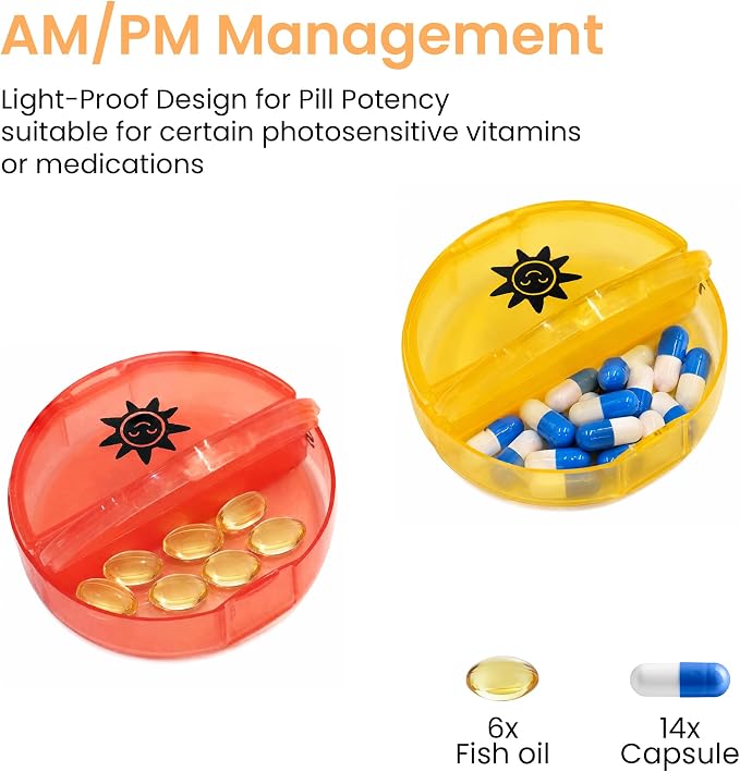 Medicine Pill Organizer Travel Pill Box 7 Day Small Pill Case Purse Am Pm Pill Container Daily Pill Holder Twice a Day Pill Sorter Day Night Pill Organizer Large Compartment Compact Portable