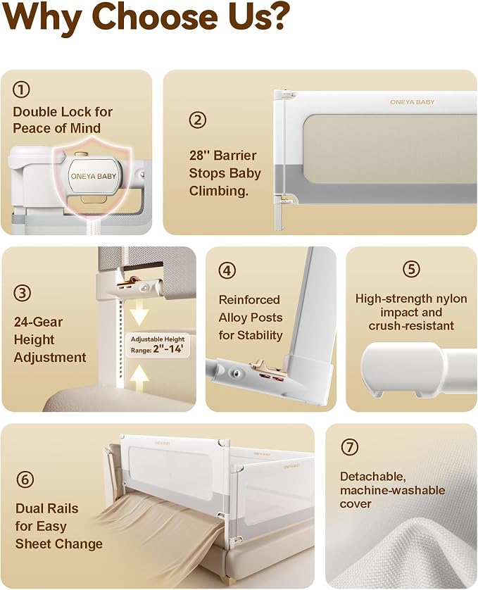 2 Piece Full Size Bed Rails for Toddlers, No-Drill Bed Rail Guard 54”x74.8” | Thickened & Reinforced Child Safety Guards/Bedrail for Kids,24-level Height Adjustable, Dual Childproof Locks, White/Grey