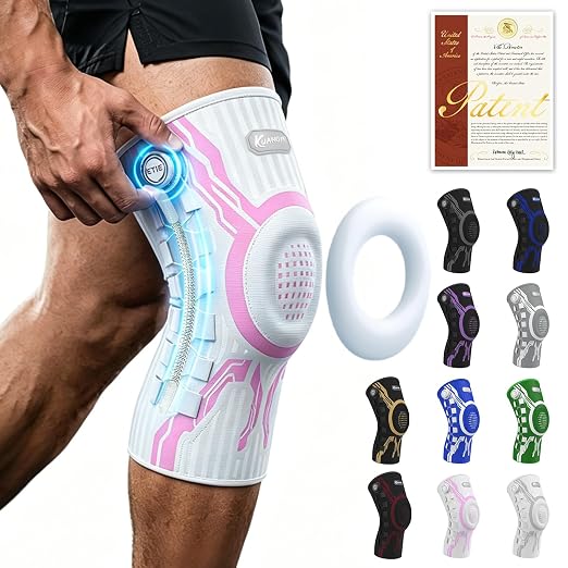 Kuangmi Knob Knee Brace for Pain Relief, Knee Support with Patella Gel Pad & Side Stabilizers, Compression Knee Sleeve for Workout, Arthritis, Joint Pain, Meniscus Tear (Pink White,Right,X-Large,Single)