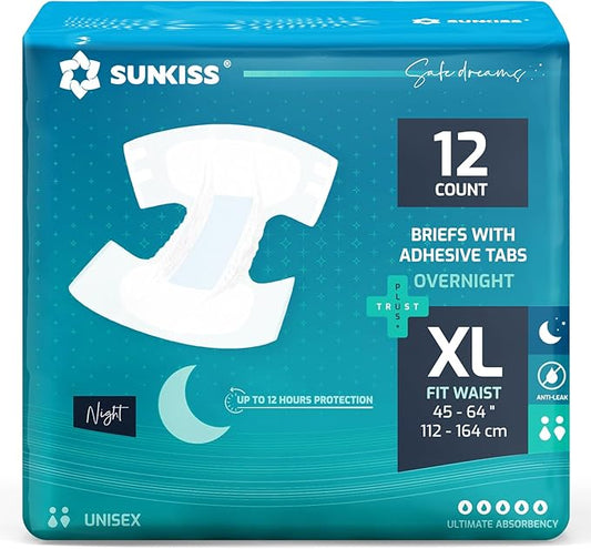 SUNKISS TrustPlus Overnight Adult Diapers with Ultimate Absorbency, Unisex Disposable Incontinence Briefs with Tabs for Men and Women, Odor Control, XLarge, 12 Count