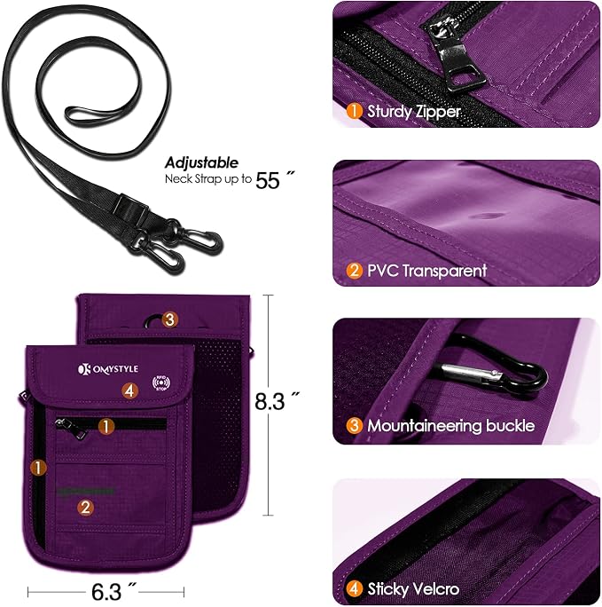 OMYSTYLE Neck Wallet, RFID Passport Holder for Travel, Adjustable Neck Strap, Waterproof Neck Pouch for Men & Women to Keep Cash, Credit Cards and Documents Safe, Purple (8x6)