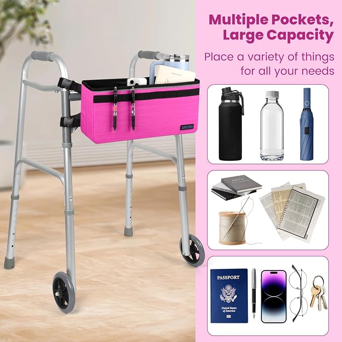 ZHCHG Walker Basket for Seniors, Walker Accessories Bag for Folding Walker | Large Capacity & Never Tipping Over, Best Gift- (Not Fit Rollator Walkers) -Pink