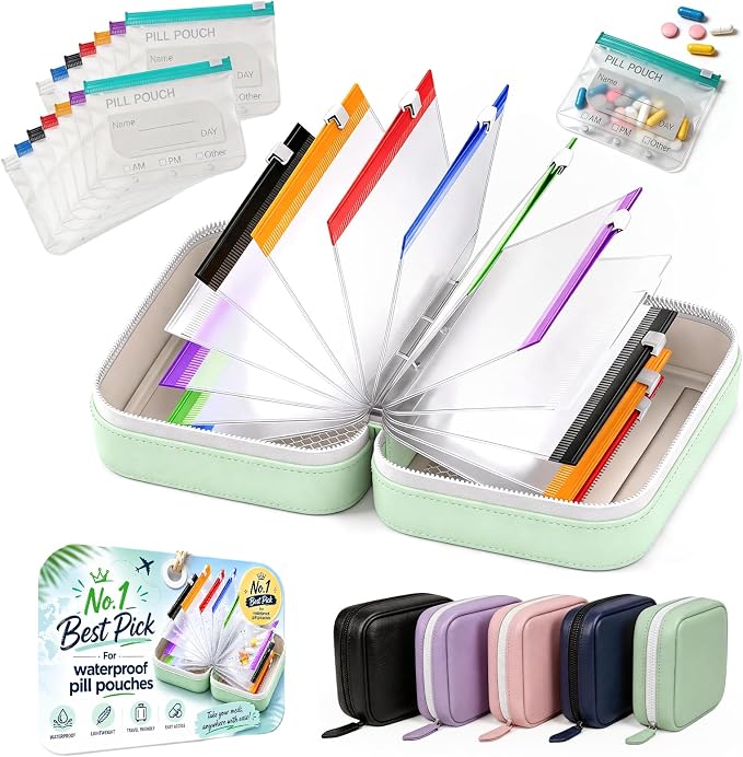 14 Day Travel Pill Kit Personal Medicine Organizer Case Set A8 Waterproof Pill Pouch for Travel Small Portable Storage Binder Style with Bags Cute Medication Purse Zipper Pocket (Green-14 Pouches)