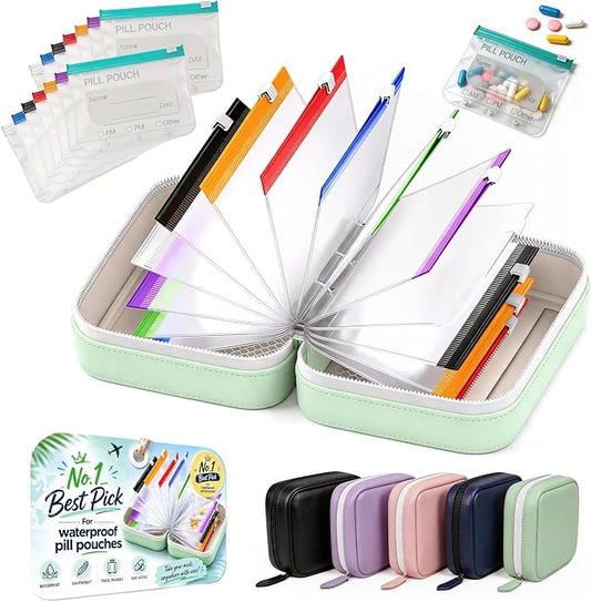 14 Day Travel Pill Kit Personal Medicine Organizer Case Set A8 Waterproof Pill Pouch for Travel Small Portable Storage Binder Style with Bags Cute Medication Purse Zipper Pocket (Green-14 Pouches)