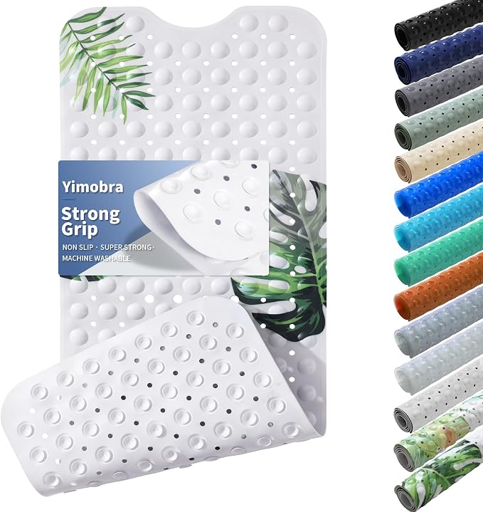 Yimobra Non Slip Bathtub Mat 40 x 16 Inch, Extra Long Shower Mat with Drain Holes, Machine Washable Baby Bath Mats, Strong Suction Cups for Bathroom Floor, Monstera