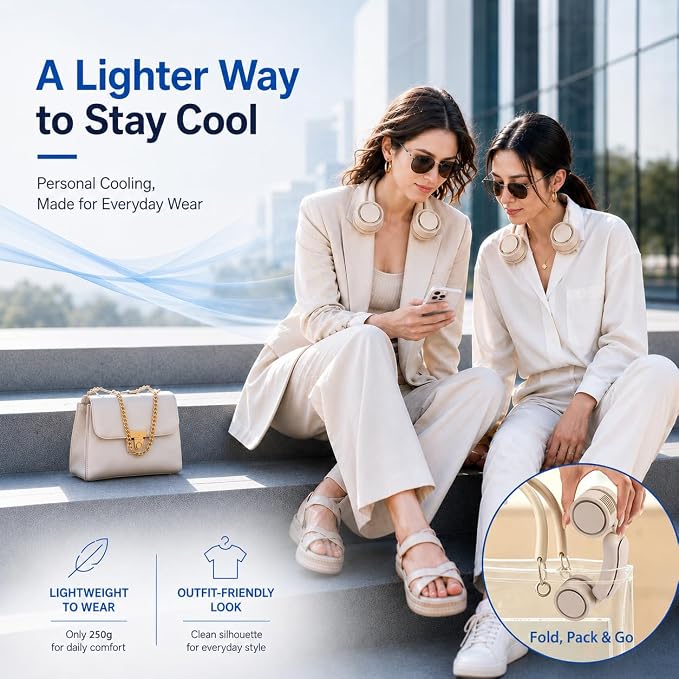 Cooling Neck Fan with Cooling Plate, Hands-Free Rechargeable | 8.8 oz wearable personal fan, adjustable airflow, 3 speeds, USB rechargeable; ideal for commuting, office and outdoor use