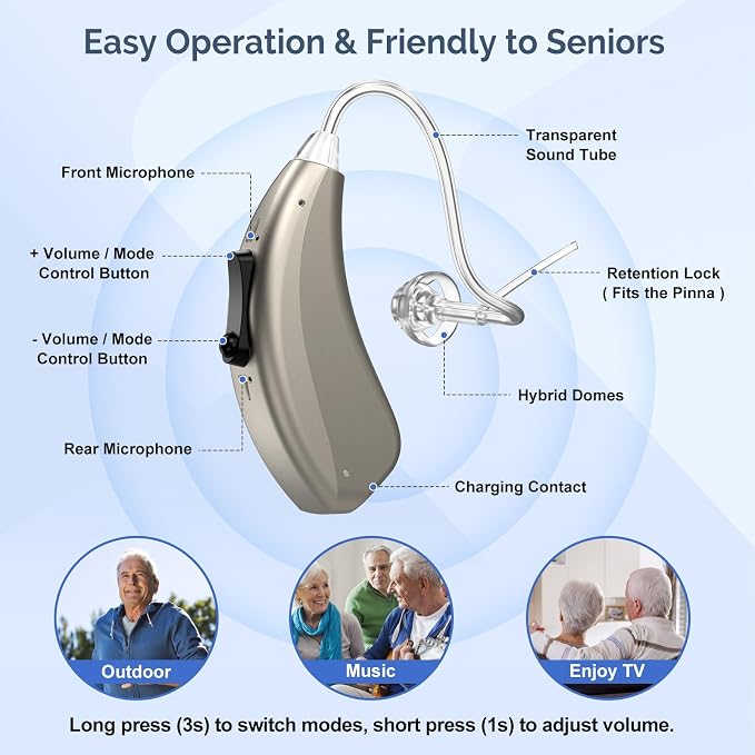 Hearing Aids for Seniors with Noise Cancelling, Rechargeable Hearing Amplifier with with Smart APP Control for People with Hearing Loss（Silver）