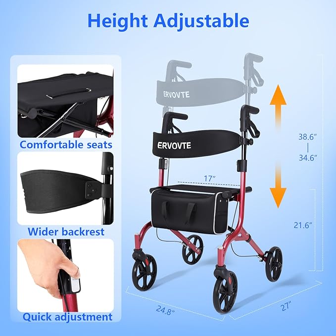 Walker with Seat for Seniors, Folding Lightweight Rollator Walker with Dual Brakes for Safety, 8" Big Wheels for All Terrain, Adjustable Height and 300 lbs Capacity