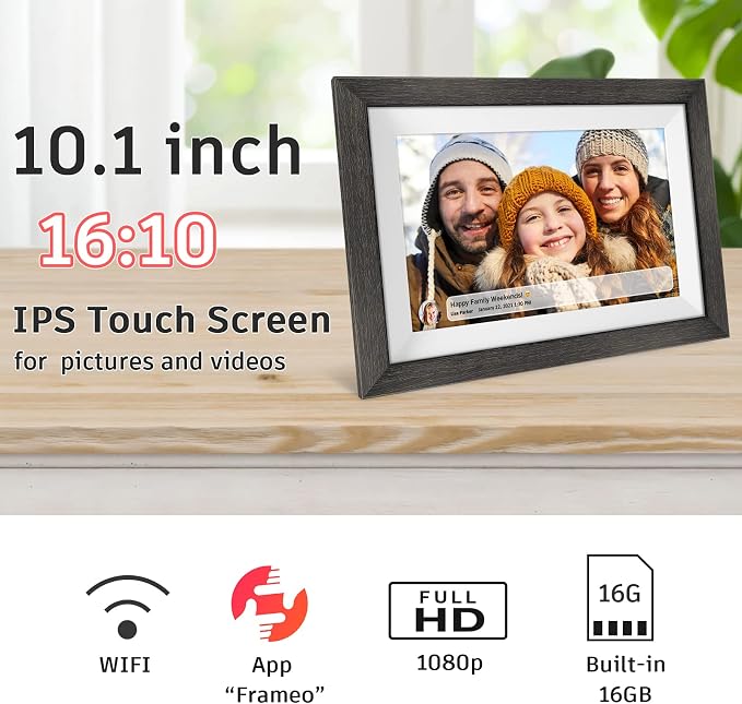 Frameo 10.1 inch Digital Picture Frame WiFi Smart Digital Photo Frame Wood | IPS HD 1280 * 800 1080P Touch Screen Auto-Rotate Easy Setup to use Free Share Photos and Videos Gift for mon Father Women